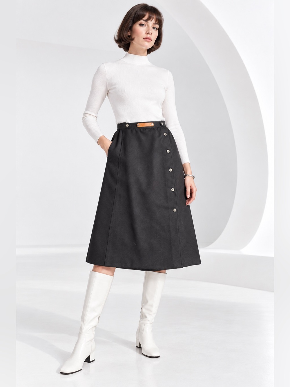 Rare Vintage Courrèges Paris Black Wool Blend A-Line Midi Skirt Mod Space Age 00